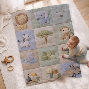 May include: A baby quilt with a patchwork design featuring various safari animals, including a lion, elephant, zebra, monkey, and hippo. The quilt is in soft pastel colors and includes the name "Amelia".