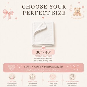 K&ouml;nnte beinhalten: Eine wei&szlig;e, gefaltete Decke in der Mitte vor hellem Hintergrund mit dem Text CHOOSE YOUR PERFECT SIZE und 30 x 40. Die Grafik enth&auml;lt Illustrationen einer rosa Schleife, eines Teddyb&auml;ren auf einer Wolke und Herzen sowie Beschriftungen f&uuml;r weich.