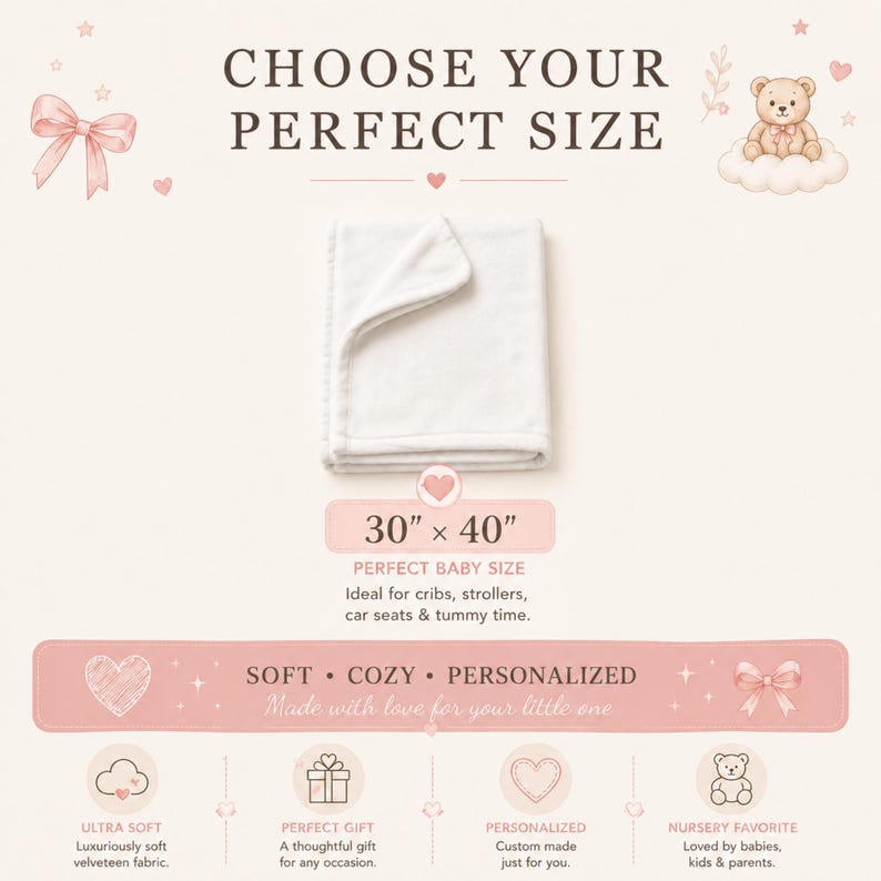 K&ouml;nnte beinhalten: Eine wei&szlig;e, gefaltete Decke in der Mitte vor hellem Hintergrund mit dem Text CHOOSE YOUR PERFECT SIZE und 30 x 40. Die Grafik enth&auml;lt Illustrationen einer rosa Schleife, eines Teddyb&auml;ren auf einer Wolke und Herzen sowie Beschriftungen f&uuml;r weich.