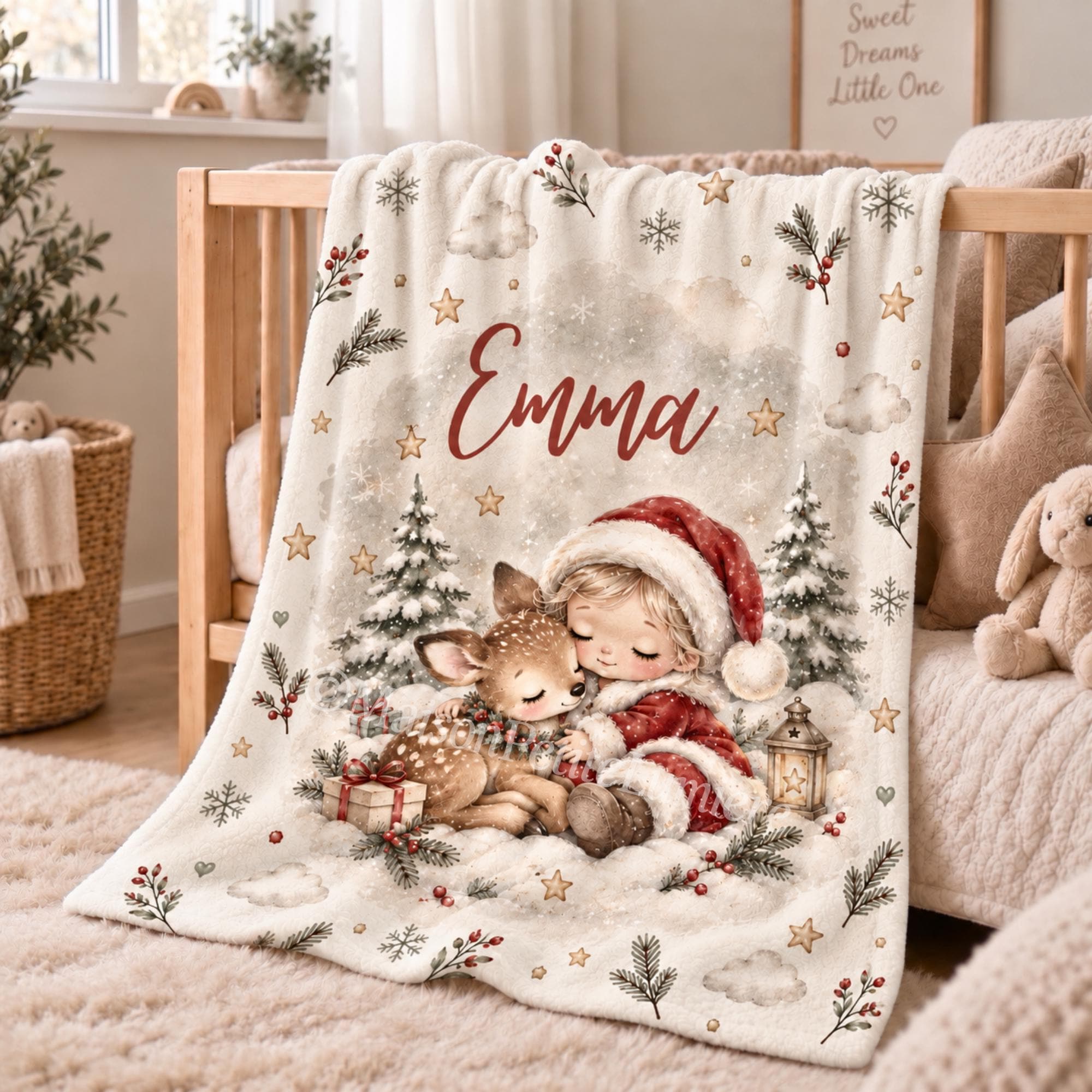 Personalized Christmas Deer Baby Blanket with name, baby's first Christmas gift
