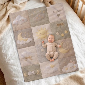 Personalized Patchwork Baby Blanket with Name • Sun Moon Stars Quilt Look Baby Blanket • Neutral Nursery Decor • Newborn Gift