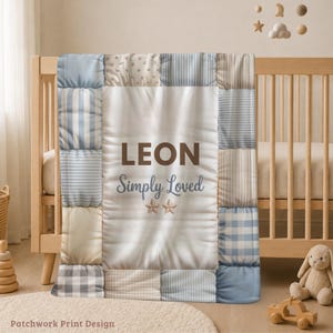 May include: A patchwork baby blanket featuring a central white panel with the brown text LEON and the blue text Simply Loved above two small stars. The border consists of various light blue, white, and beige squares with striped and checkered patterns.