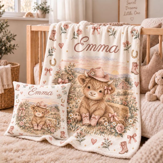 Highland Cow Baby Blanket Pillow Set