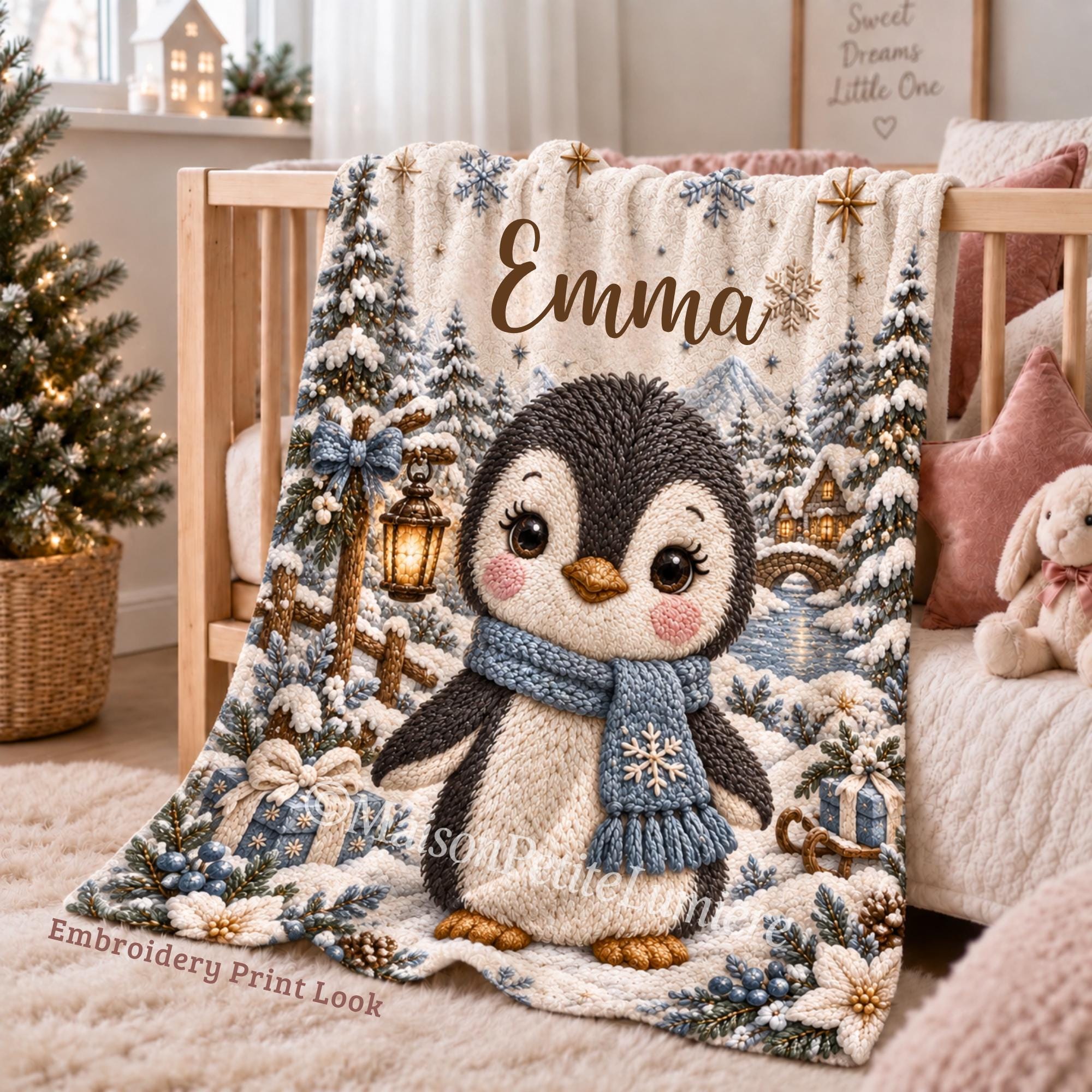 Personalized Blue Scarf Penguin Baby Blanket with name