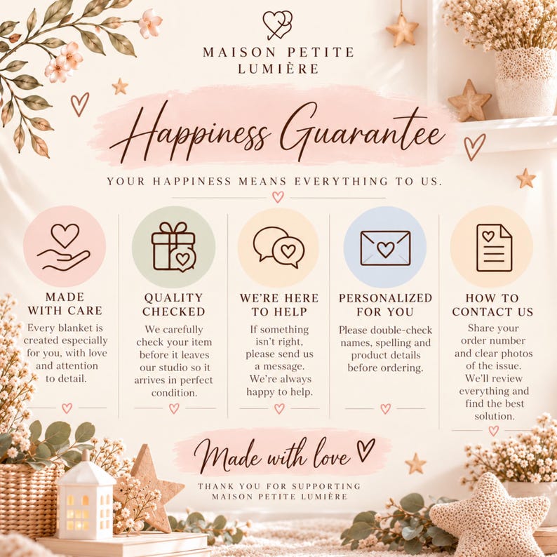 K&ouml;nnte beinhalten: Eine informative Grafik von Maison Petite Lumiere mit dem Titel Happiness Guarantee. Sie zeigt f&uuml;nf kreisf&ouml;rmige Symbole mit Text zu Richtlinien f&uuml;r Sorgfalt, Qualit&auml;tspr&uuml;fung, Kundensupport, Personalisierung und Kontakt auf einem cremefarbenen Hintergrund.