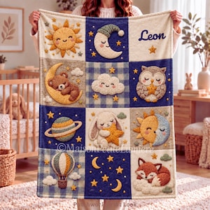 Personalized Celestial Sleepy Animals Baby Blanket with Name, Patchwork Look Print, Custom Starry Nursery Decor for Boys, Gift from Grandma