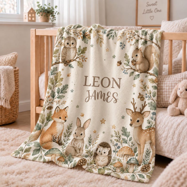 personalized woodland baby blanket features adorable forest animals including a fox, deer, bunny, owl, squirrel, and hedgehog surrounded by soft watercolor foliage. Customized with your baby’s name, it creates a beautiful keepsake for nurseries, baby showers, birthdays, and newborn gifts.
