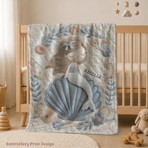 Personalized Baby Blanket with Name – Embroidery Look Mermaid on Shell – Girls Nursery Decor Gift Newborn Baptism Velveteen Minky