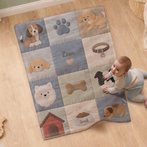 Personalized Dog Baby Blanket Patchwork Design Puppy Motifs Neutral Nursery Decor Newborn Gift Soft Velveteen Fleece