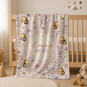 Personalized Bee Floral Baby Blanket, Custom Name Wildflower Infant Blanket, Bumble Bee Girl Swaddle, Newborn Shower Gift Keepsake
