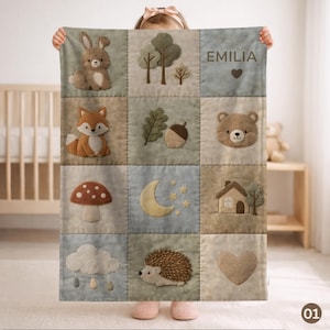 Coperta patchwork personalizzata per neonati • Animali e natura del bosco • Design trapuntato del bosco • Decorazioni neutre per la cameretta dei bambini • Regalo per neonati