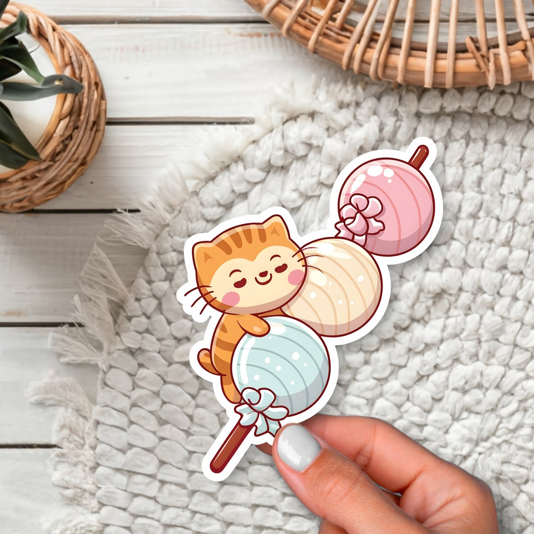 Cute Cat Kawaii Sticker Vinyl Kitty With Dango for Journaling - Etsy