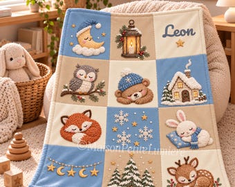 May include: A soft, rectangular baby blanket featuring a grid of nine squares with embroidered winter-themed illustrations including a sleeping moon, a lantern, a bear, a fox, a rabbit, a deer, a snowy house, and the name Leon in blue text.