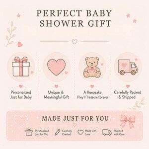 May include: A light pink infographic with the text PERFECT BABY SHOWER GIFT and MADE JUST FOR YOU. It features icons of a gift box, heart, teddy bear, and delivery truck, with labels including Personalized Just for Baby and Carefully Created.
