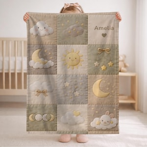 Coperta patchwork personalizzata per neonati con nome • Sole, luna, stelle • Coperta trapuntata per neonati • Decorazione neutra per la cameretta dei bambini • Regalo per baby shower