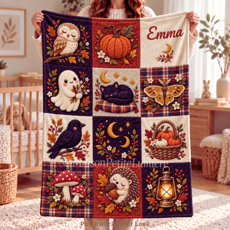 Rust orange baby blanket held up to show the full nine-square patchwork look print with a hedgehog, black cat on a plaid cushion, lantern and crescent moons on navy.