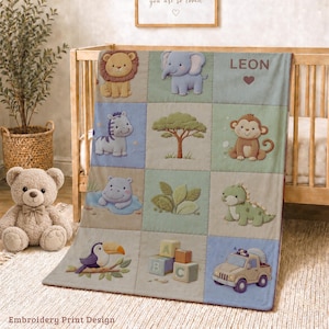 Manta personalizada para bebé con estampado de safari en la jungla, manta con nombre personalizado, regalo para la habitación del bebé con temática de animales, regalo neutro para bebé con estampado de patchwork.