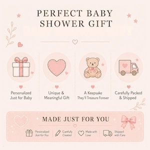 K&ouml;nnte beinhalten: Eine hellrosa Infografik mit dem Text PERFECT BABY SHOWER GIFT und MADE JUST FOR YOU. Sie enth&auml;lt Symbole f&uuml;r ein Geschenk, ein Herz, einen Teddyb&auml;ren und einen Lieferwagen sowie Beschriftungen wie Personalized Just for Baby.