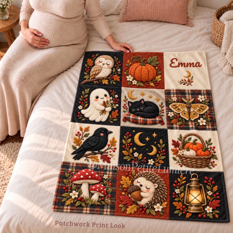 Rust orange baby blanket held up to show the full nine-square patchwork look print with a hedgehog, black cat on a plaid cushion, lantern and crescent moons on navy