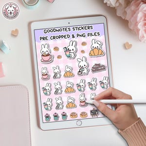 Kawaii Bunny Café Digitale Sticker Goodnotes PNG Bundle, Süße Pastell Planersticker für Journal-Fans Digitale Planer