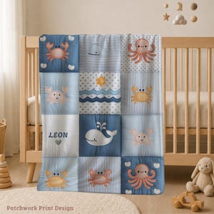 Personalized Whale Baby Quilt Blanket • Patchwork Look Baby Blanket with Name • Ocean Nursery Decor • Neutral Baby Gift for Newborn Baptism