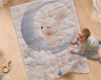 Personalized Bunny Baby Blanket | Moon Rabbit Nursery Decor | Neutral Newborn Blanket | Custom Name Baby Gift | Baby Shower Gift