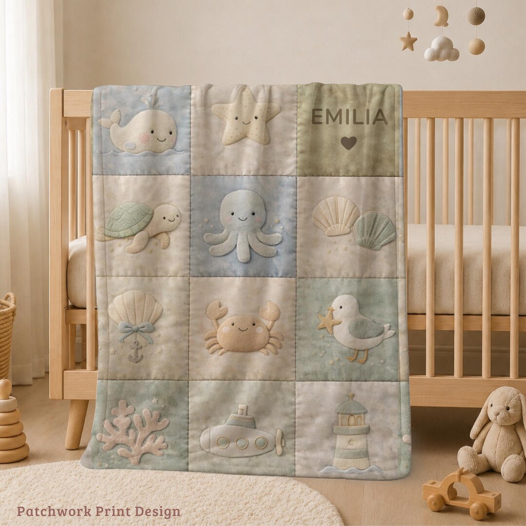 Personalized Ocean Baby Blanket With Name, Under the Sea Patchwork ...