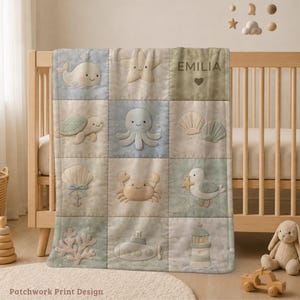 Copertina per neonato personalizzata a tema oceano con nome, copertina per cameretta con effetto patchwork a tema sottomarino, regalo personalizzato per baby shower.