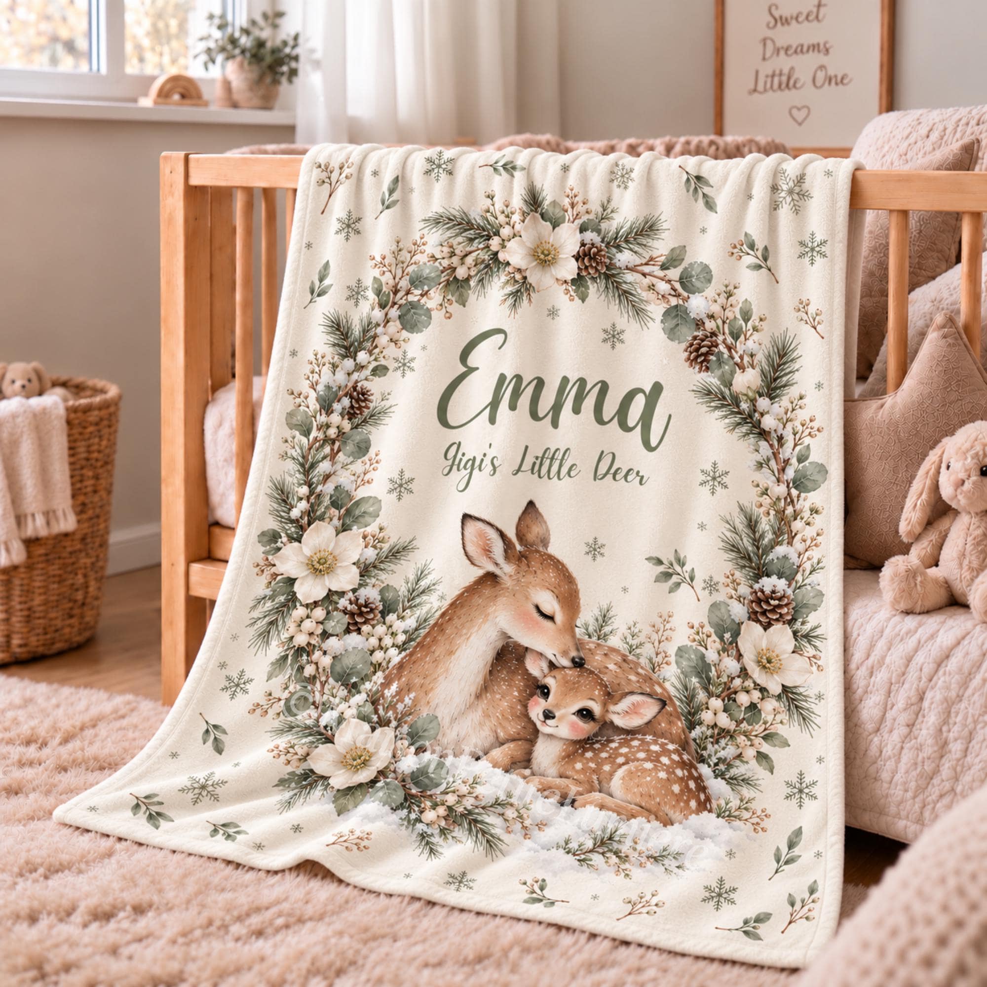Personalized Fawn and Mama Deer Baby Blanket with name, woodland nursery idea
