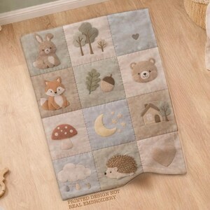 Manta personalizada para bebé con diseño de bosque, manta infantil con aspecto de patchwork, manta con nombre de animal del bosque, regalo bohemio para baby shower, recuerdo para recién nacido.