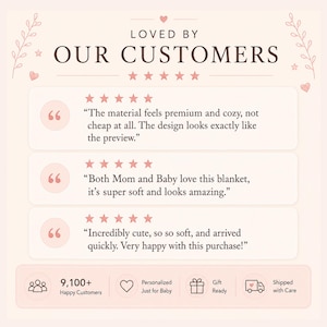 K&ouml;nnte beinhalten: Eine hellrosa Grafik mit Kundenbewertungen, dem Text LOVED BY OUR CUSTOMERS, drei F&uuml;nf-Sterne-Bewertungen zu einer weichen Decke und einer Fu&szlig;zeile mit 9.100+ Happy Customers, Personalized Just for Baby, Gift Ready und Shipped with Care.