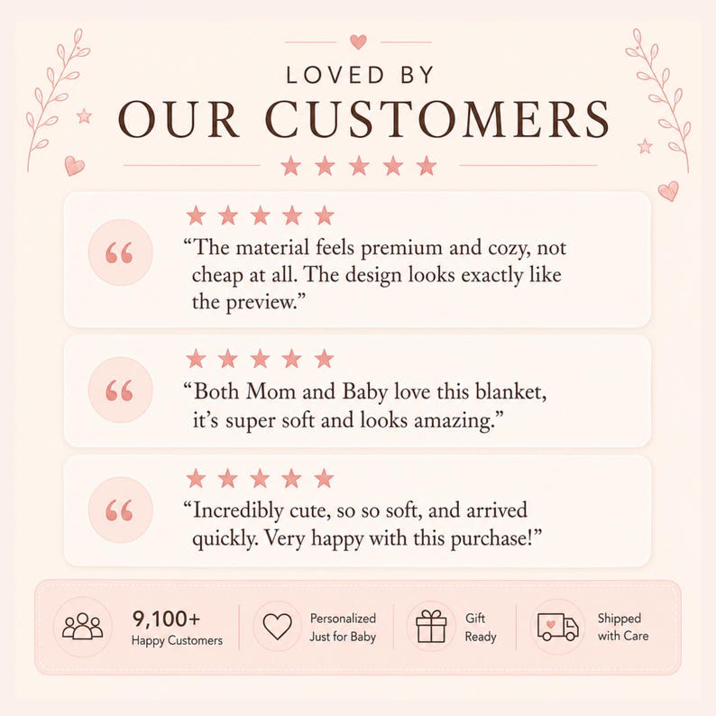 K&ouml;nnte beinhalten: Eine hellrosa Grafik mit Kundenbewertungen, dem Text LOVED BY OUR CUSTOMERS, drei F&uuml;nf-Sterne-Bewertungen zu einer weichen Decke und einer Fu&szlig;zeile mit 9.100+ Happy Customers, Personalized Just for Baby, Gift Ready und Shipped with Care.