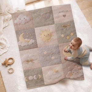Personalized Patchwork Baby Blanket with Name • Sun Moon Stars Quilt Look Baby Blanket • Neutral Nursery Decor • Newborn Gift