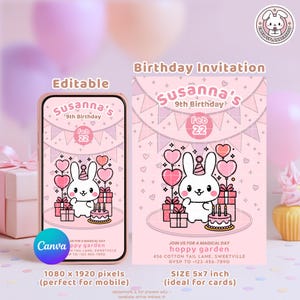 Editable Bunny Birthday Invitation Template | Kawaii Party Invite Digital Download | Canva Template for Girls | Cute Rabbit Theme