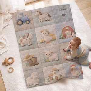 Patchwork Look Baby Blanket • Cow Horse Sheep • Farm Quilt Design • Neutral Nursery Decor • Soft Newborn Blanket • Boutique Baby Gift