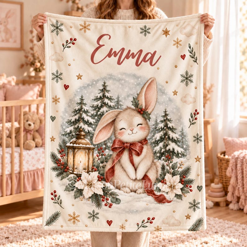 Christmas Bunny Baby Blanket with Name