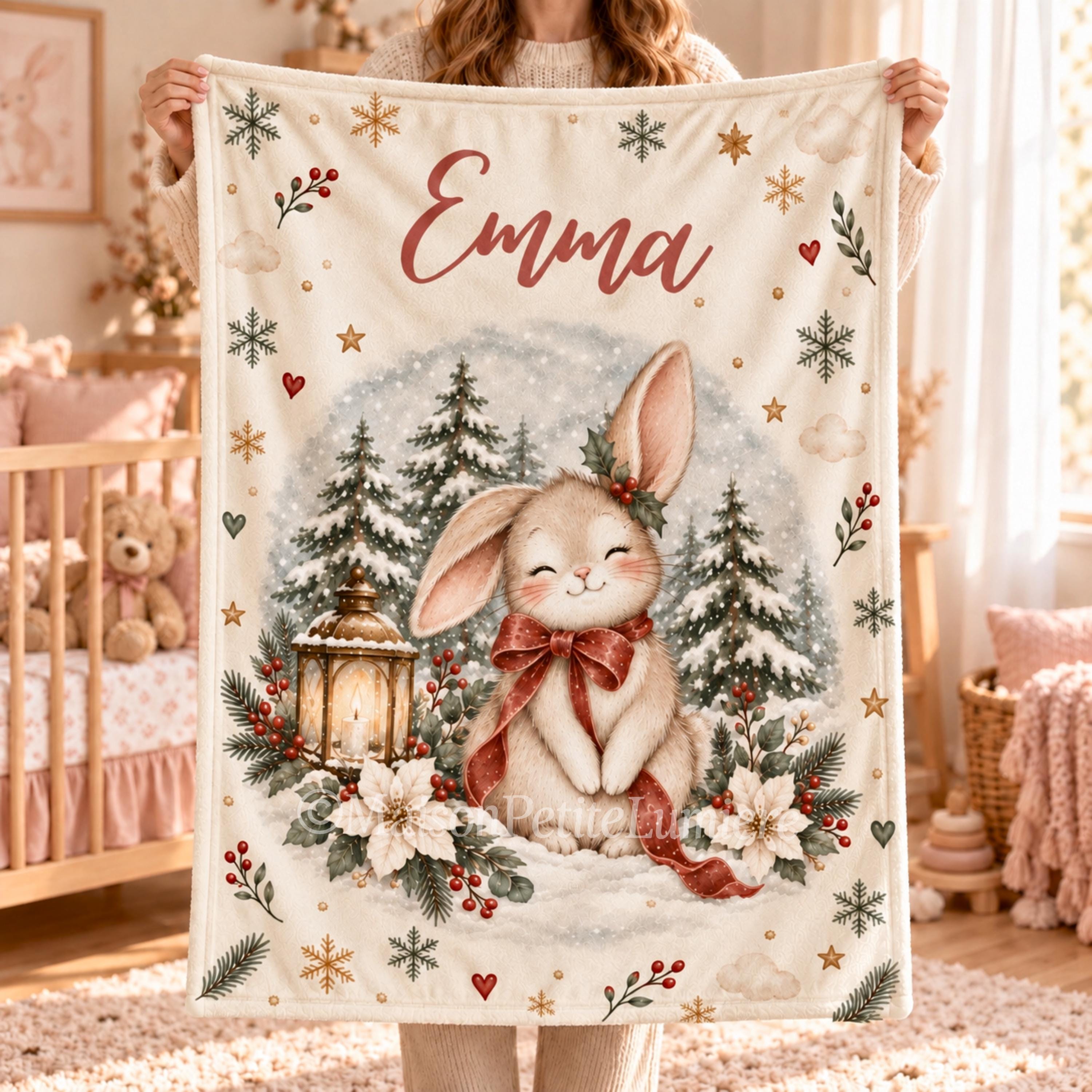 Personalized Snowy Forest Bunny Baby Blanket with name, baby's first Christmas gift