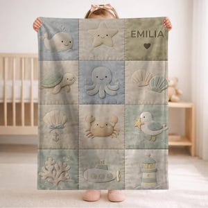 Patchwork Look Baby Blanket with Name • Crab Whale Octopus • Underwater Theme • Quilt Look • Nursery • Newborn Blanket • Baby Gift