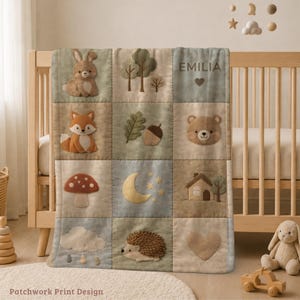 Couverture personnalisée pour bébé des bois, édredon avec nom personnalisé pour animaux de la forêt, couverture neutre pour chambre de bébé, cadeau de baby shower nature ours renard