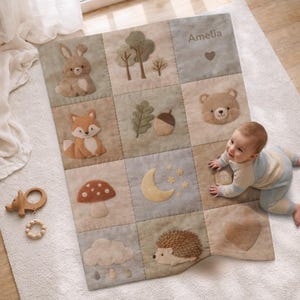 Woodland Baby Blanket with Name • Forest Patchwork Quilt Look • Neutral Nursery Decor • Personalized Newborn Blanket • Boutique Baby Gift