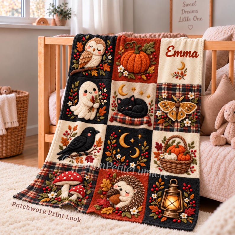 Autumn woodland baby blanket draped over a crib in a nursery, showing a patchwork look print with a sleeping owl, orange pumpkin and red-capped mushrooms in rust orange and cream