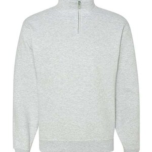May include: A light heather gray long-sleeve pullover sweatshirt featuring a mock neck collar and a silver-toned metal zipper closure at the center front. The garment includes ribbed cuffs at the sleeves and a ribbed hem at the bottom edge.