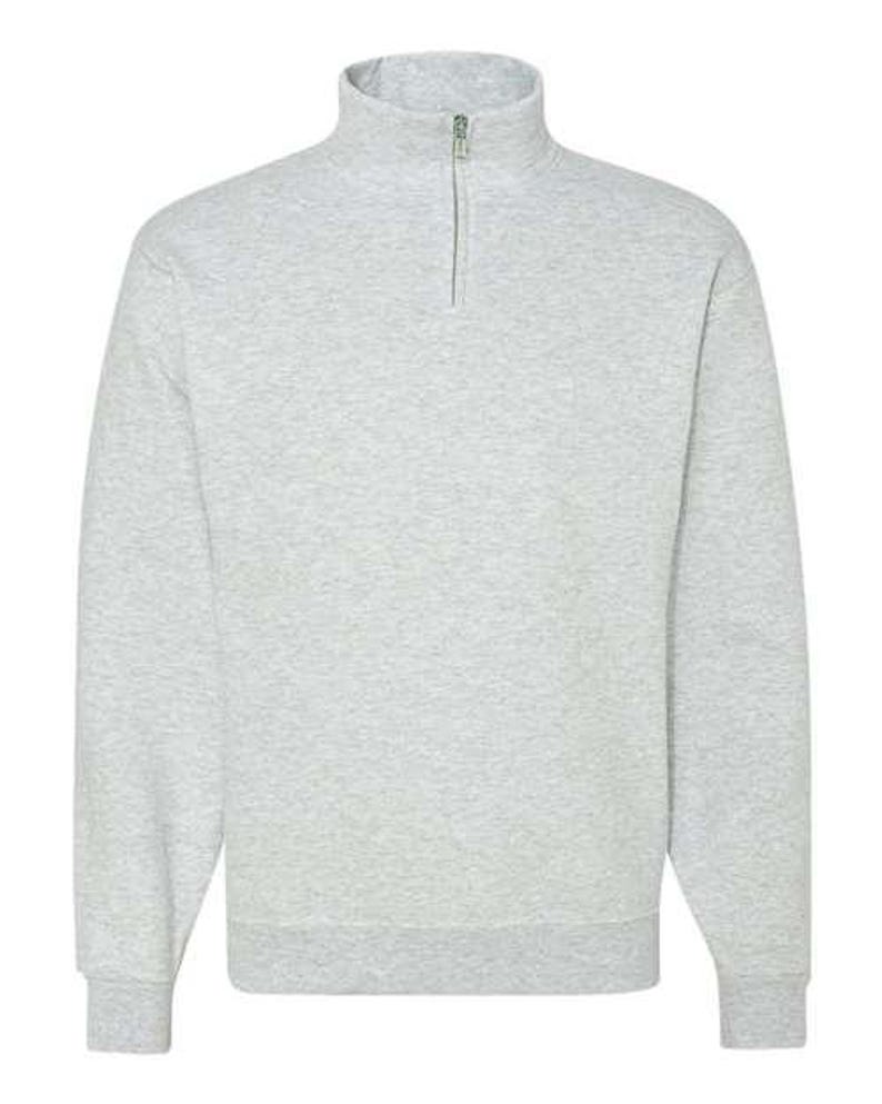 May include: A light heather gray long-sleeve pullover sweatshirt featuring a mock neck collar and a silver-toned metal zipper closure at the center front. The garment includes ribbed cuffs at the sleeves and a ribbed hem at the bottom edge.