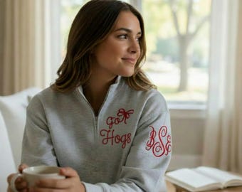 Monogrammed Go Hogs with Bow Quarter-zip