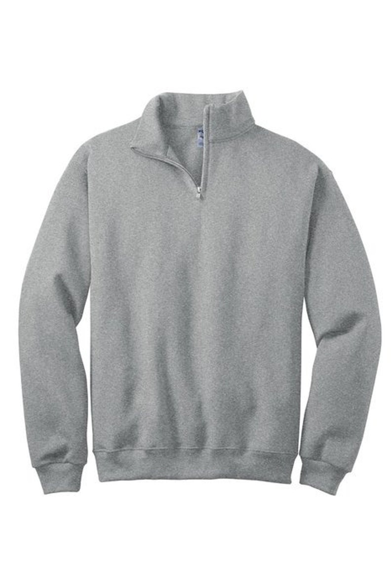 May include: A heather gray long-sleeve sweatshirt featuring a quarter-zip neckline with a silver-toned metal zipper pull. The garment has a stand-up collar, ribbed cuffs at the wrists, and a ribbed hemline at the bottom, providing a structured fit.