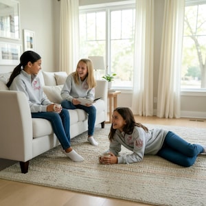 May include: Three individuals wearing light gray quarter-zip sweatshirts with red embroidered text on the chest and sleeve. The sweatshirts feature a high collar and long sleeves, paired with blue denim jeans. The design includes cursive lettering.
