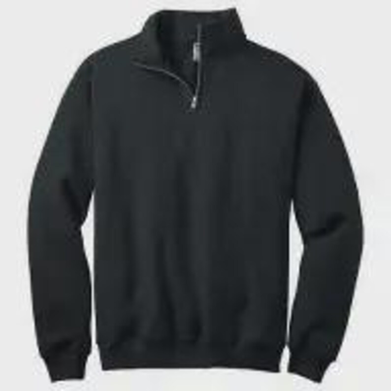 May include: A solid black long-sleeve pullover sweatshirt featuring a quarter-zip closure at the neck. The garment has a stand-up collar, ribbed cuffs at the wrists, and a ribbed hemline, providing a clean and simple design for everyday wear.