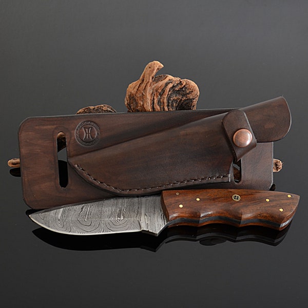 Handgesmeed Damascus jacht EDC Bushcraft Scout Carry mes met handgemaakte horizontale schede