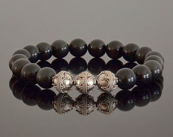 Hochwertiger schwarzer Obsidian authentischer Edelstein und Sterling Silber Bali Perlen Herrenarmband