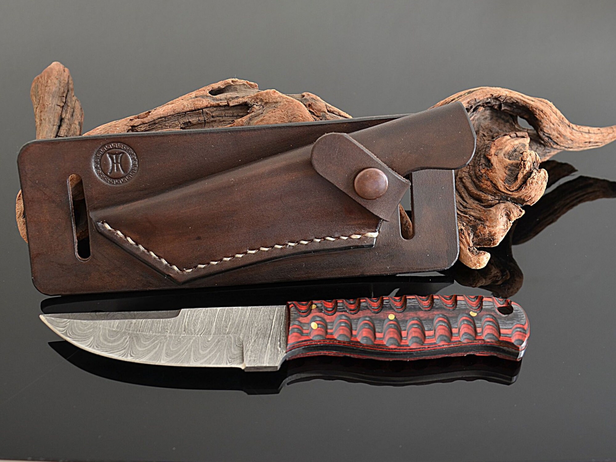 Horizontal Knife Sheath with Damascus Knife Fixed Blade Knife Etsy